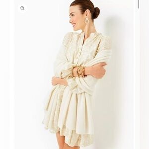 Lilly Pulitzer Evaline Metallic Silk Popover Dress Gold Shimmer Ruffle Size 10